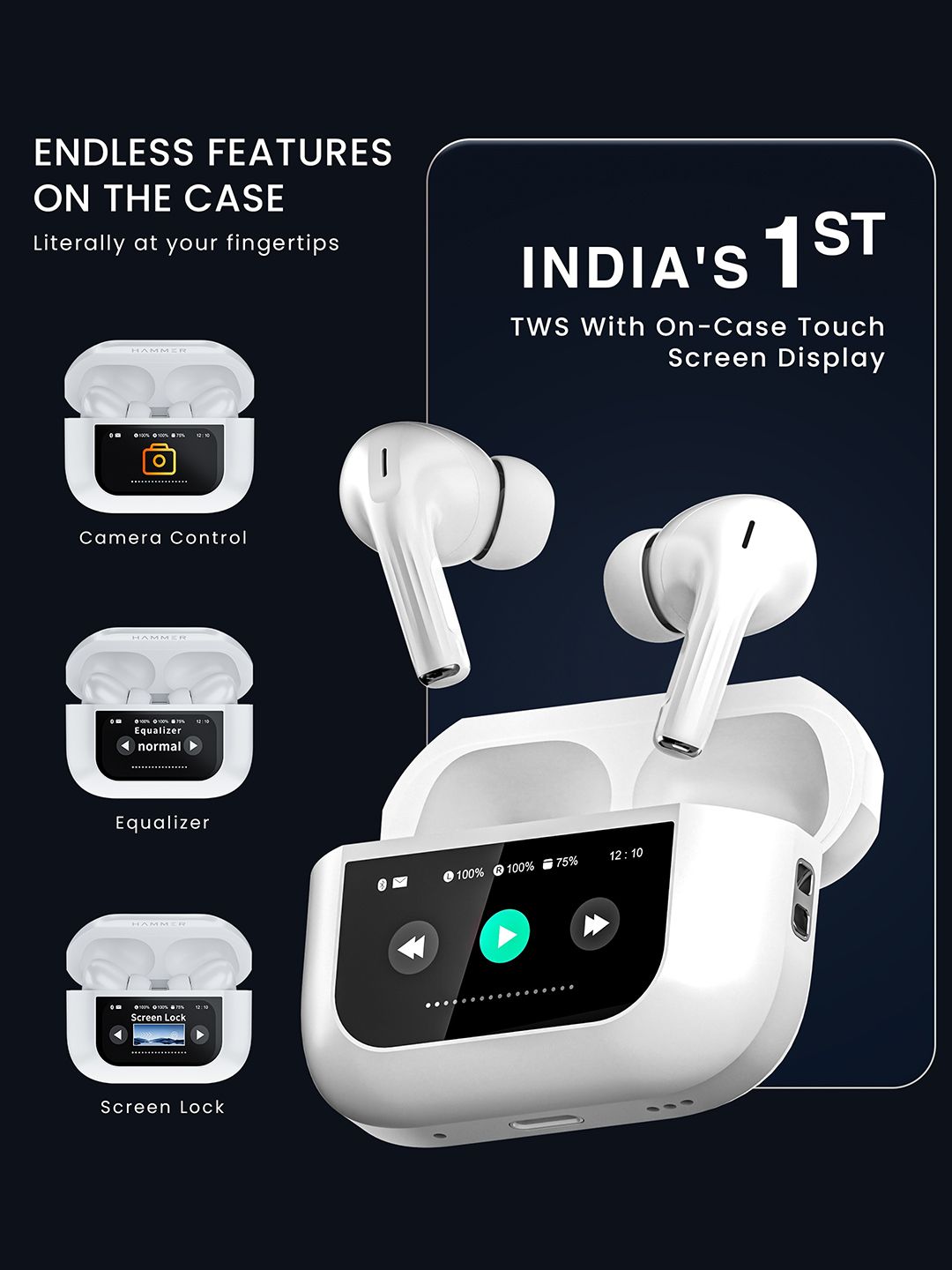 Touch screen premium active noise cancelling anc earbuds true wireless - anc 25db + enc - in-ear earphones + 4 microphones top quality - Bluetooth 6.0 with charging case 470 mah (4 charges) - Touch control screen on the charging case
